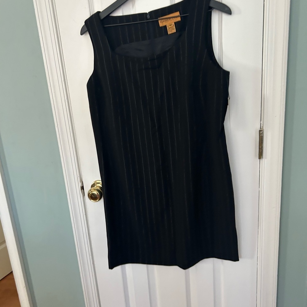Classiques Entier Pinstripe Black Blazer and sleeveless sheath dress.
